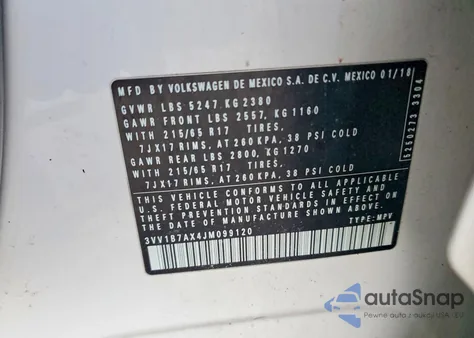 2018 Volkswagen Tiguan S z USA, uszkodzony, nr VIN 3VV1B7AX4JM099120